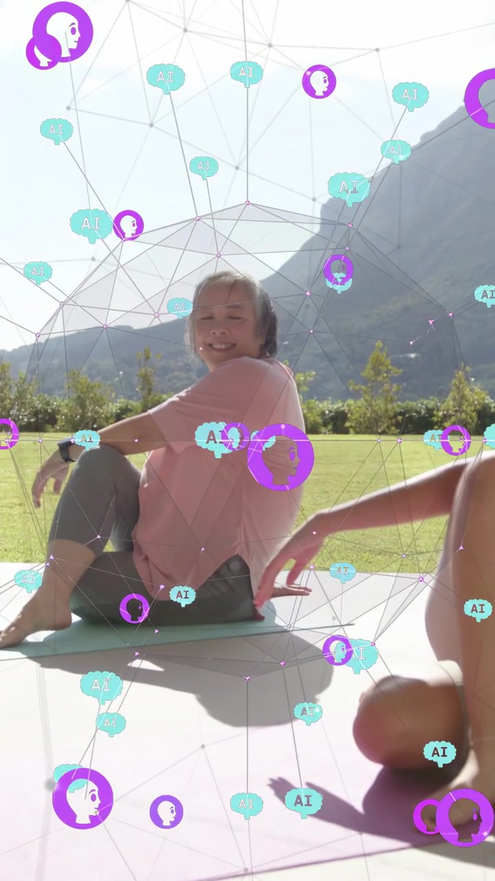 Vertical video: Mature woman seeing camera, turning torso and smiling on yoga mat, AR overlay