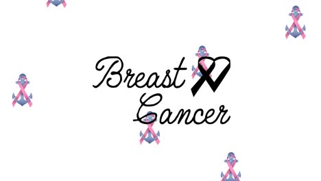 Animation-of-multiple-pink-ribbon-anchor-logo-falling-over-breast-cancer-text-appearing-on-white