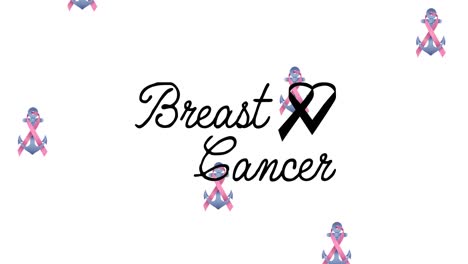 animación de varios logotipos de anclaje de cinta rosa que caen sobre el texto del cáncer de mama que aparece en blanco