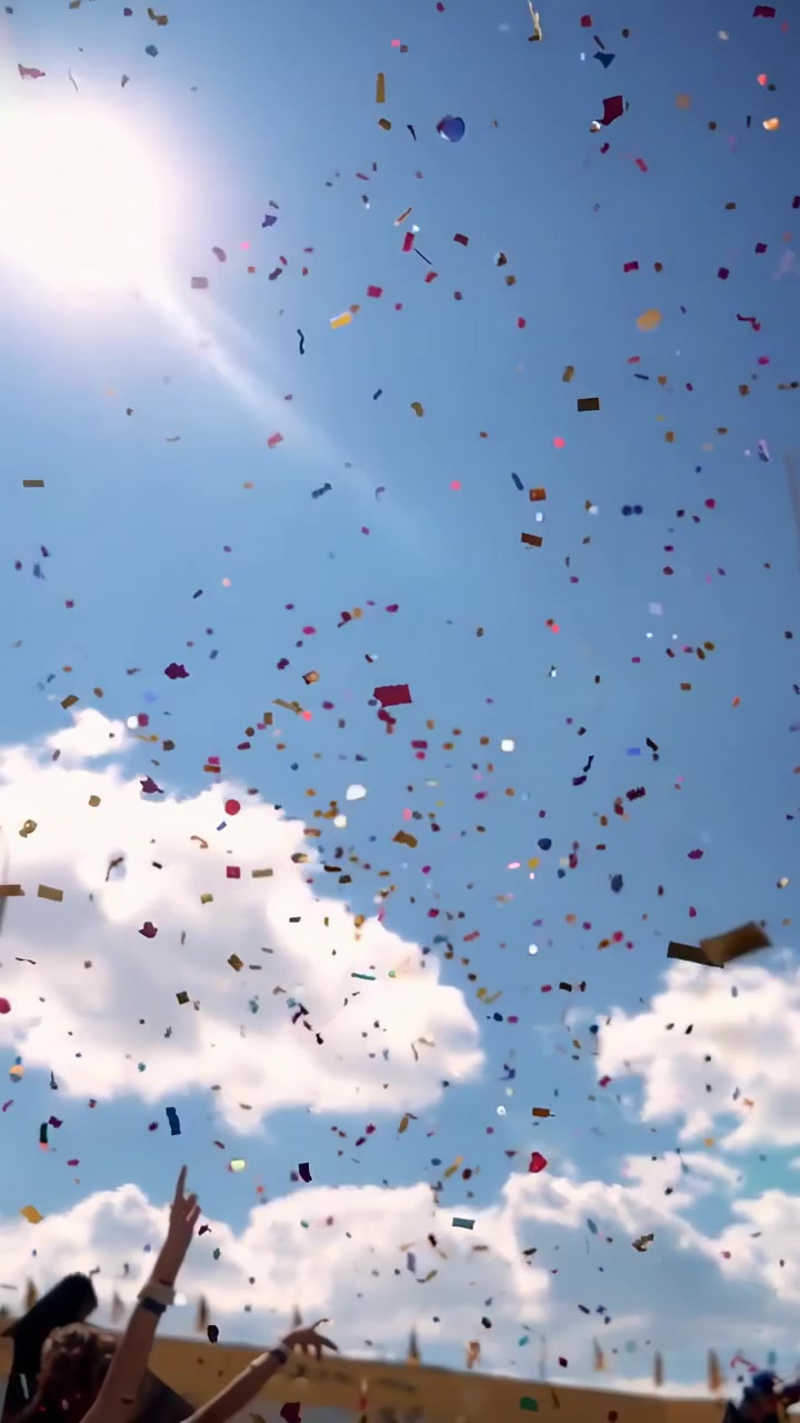 Coriandoli colorati che cadono contro un cielo azzurro brillante