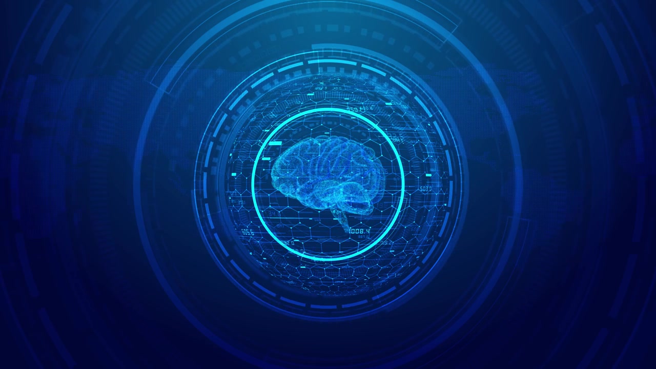 Neural intelligence interface visual with blue brain model data values world grid backdrop and