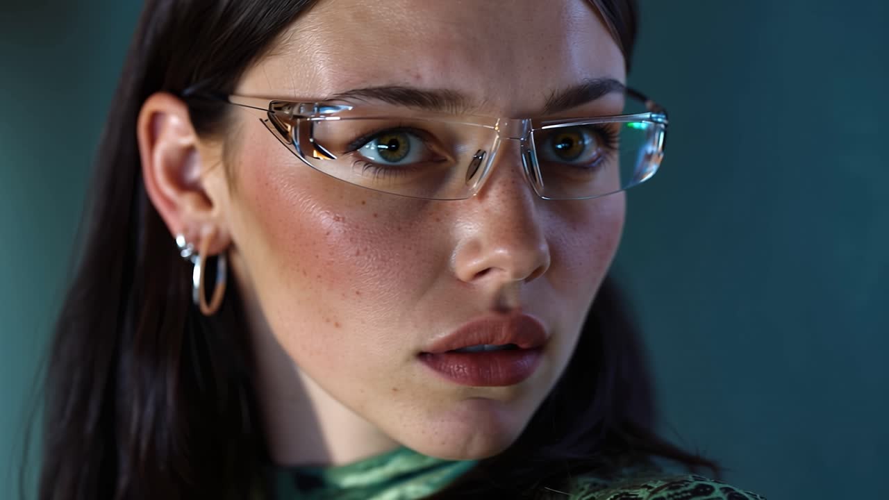 Close-up of a woman with futuristic glasses. Her eyes meet the camera with quiet intensity. Soft lighting highlights her skin and accessories. She wears a subtle, elegant outfit with a green collar