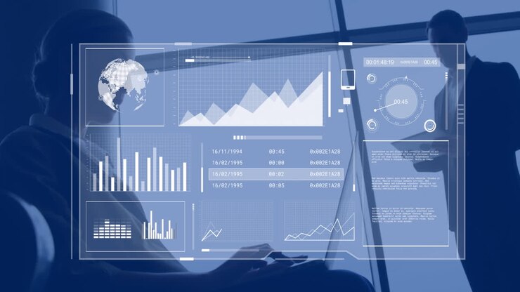 Animation of financial data processing over two diverse business people