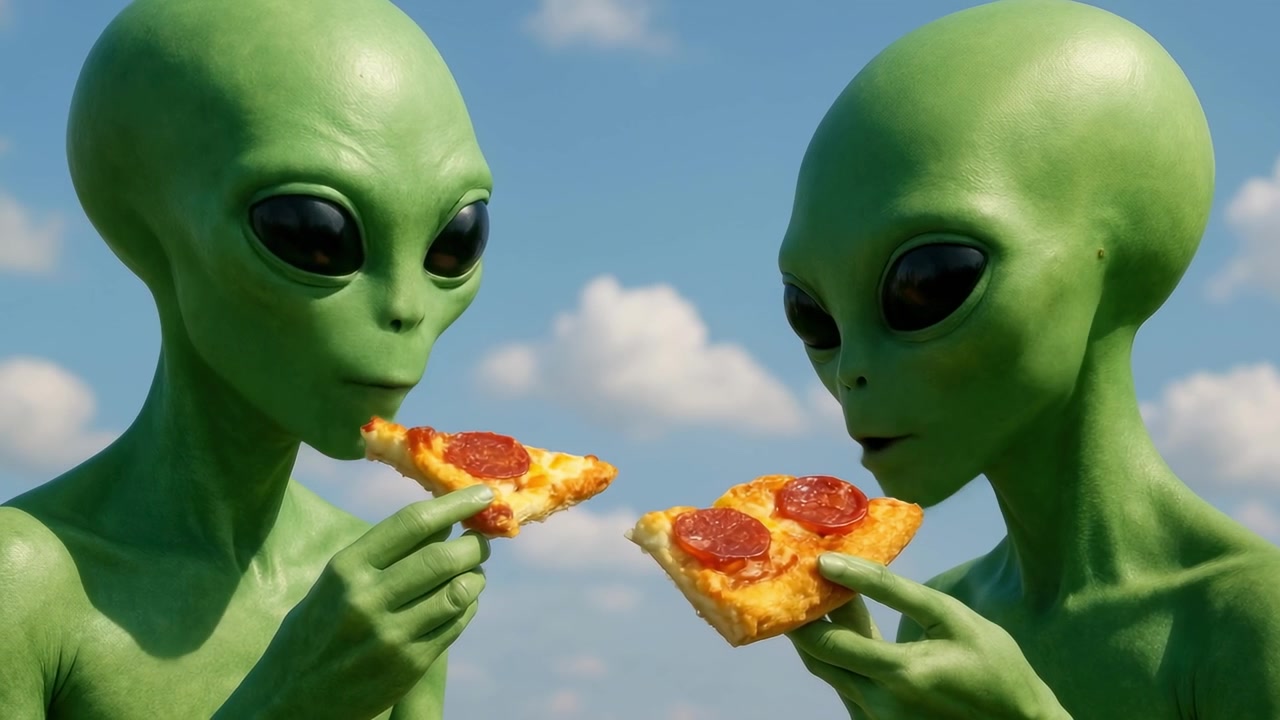 Açık Havada Pepperoni Pizza Yiyen İki Yeşil Uzaylı