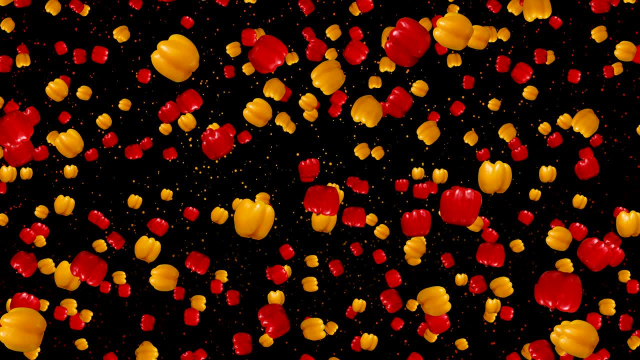 los pimientos rojos y amarillos giran y caen sobre un fondo negro.