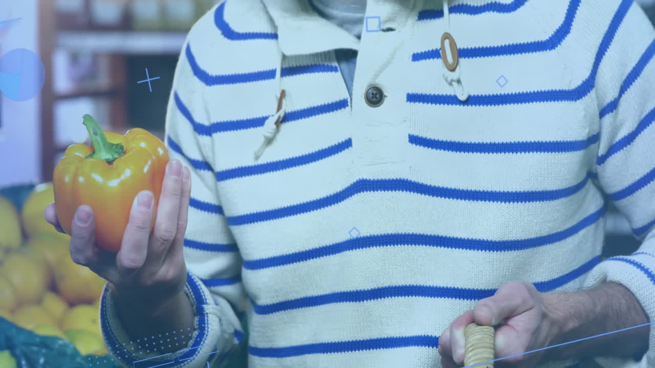 Man holding orange bell pepper, inspecting for freshness, placing in basket in grocery, HUD tagging