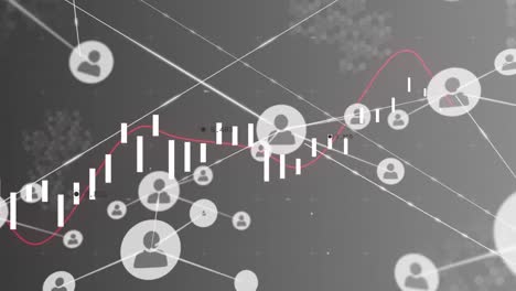 animation of line with financial data processing over network of connections with icons