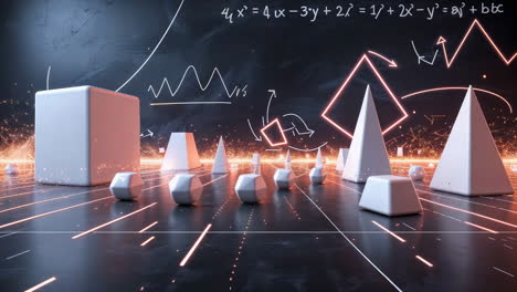 abstract mathematics and geometry with 3d shapes and equations