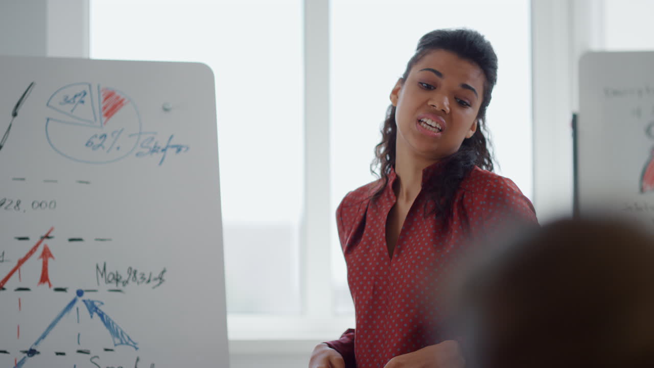 African woman talking audience boardroom. Female leader instructing team office