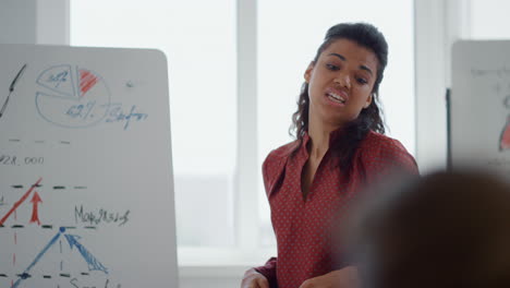 african woman talking audience boardroom. female leader instructing team office