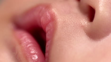fotografía de cerca de los labios rosados abiertos y las fosas nasales de un bebé recién nacido, mientras duerme profundamente
