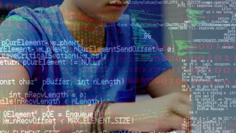 animación del procesamiento de datos sobre un niño caucásico usando una computadora portátil