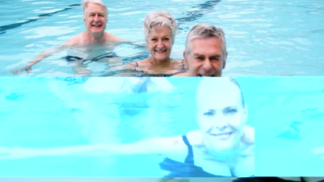 seniors swimming in the pool with inflatable tubes