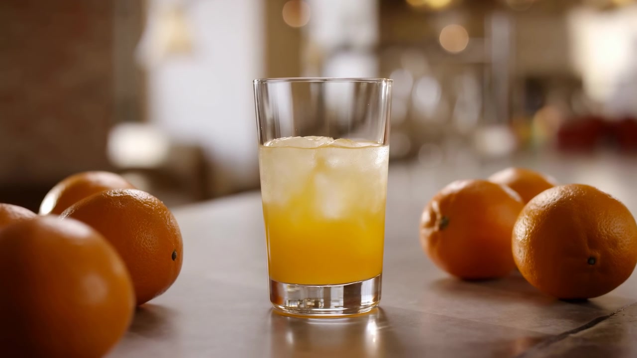 Bicchiere di succo d'arancia su piano di lavoro della cucina, bevanda rinfrescante con ghiaccio e polpa, arance intere che affiancano il bicchiere, caldo