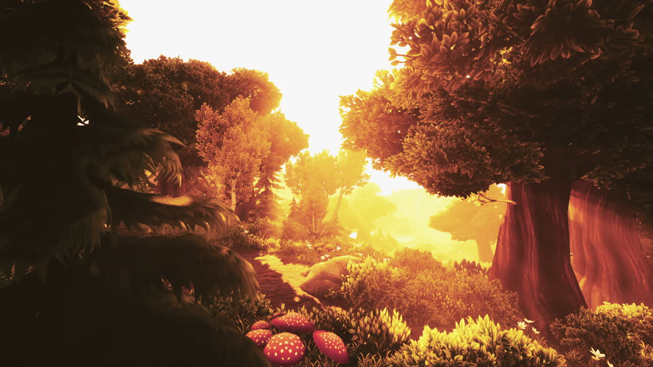 dibujo animado florecimiento del bosque verde en la puesta de sol