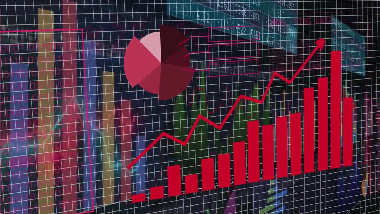 With globe appearing, widgets animating, bars growing, pie rotating, trend rising to show data