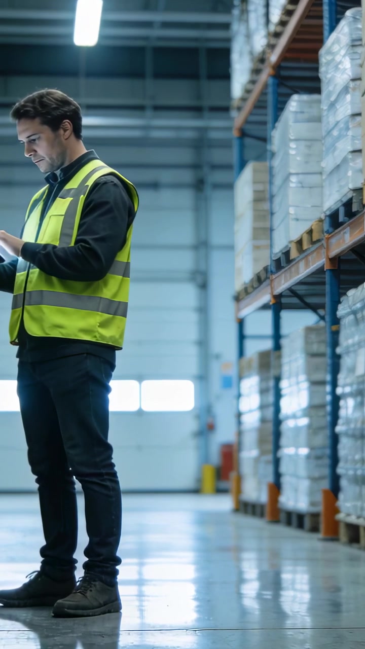 Video verticale: Ricezione di un avviso sul tablet, operaio con giubbotto ad alta visibilità che controlla gli scaffali del magazzino, spazio per il testo.