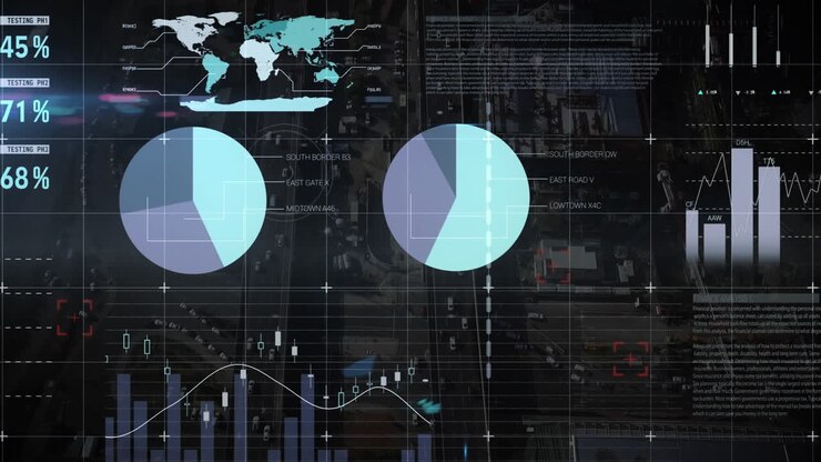 Animation of statistics and data processing over cityscape