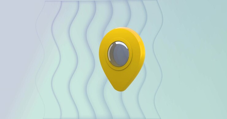 3D Yellow Location Pin Icon Floating on Abstract Wavy Background