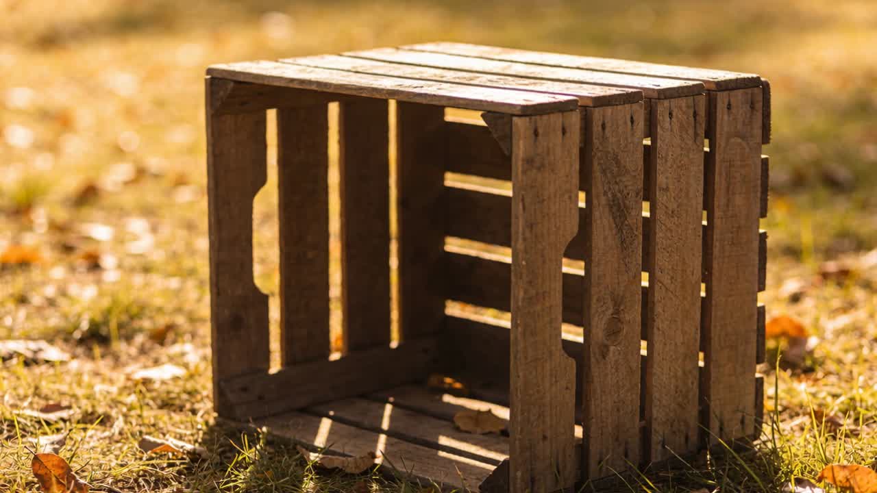 Sich bewegendes Sonnenlicht wirft gestreifte Schatten durch eine Holz-Lattenkiste auf trockenes Gras, die Sonne sinkt.