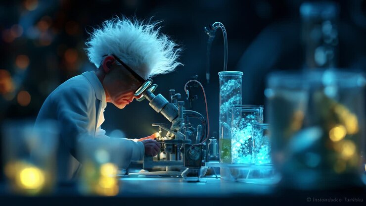 Un scientifique excentrique aux cheveux ébouriffés et portant des lunettes se concentre intensément sur un microscope dans un laboratoire faiblement éclairé, entouré de béchers et de flacons lumineux, menant des expériences fascinantes.