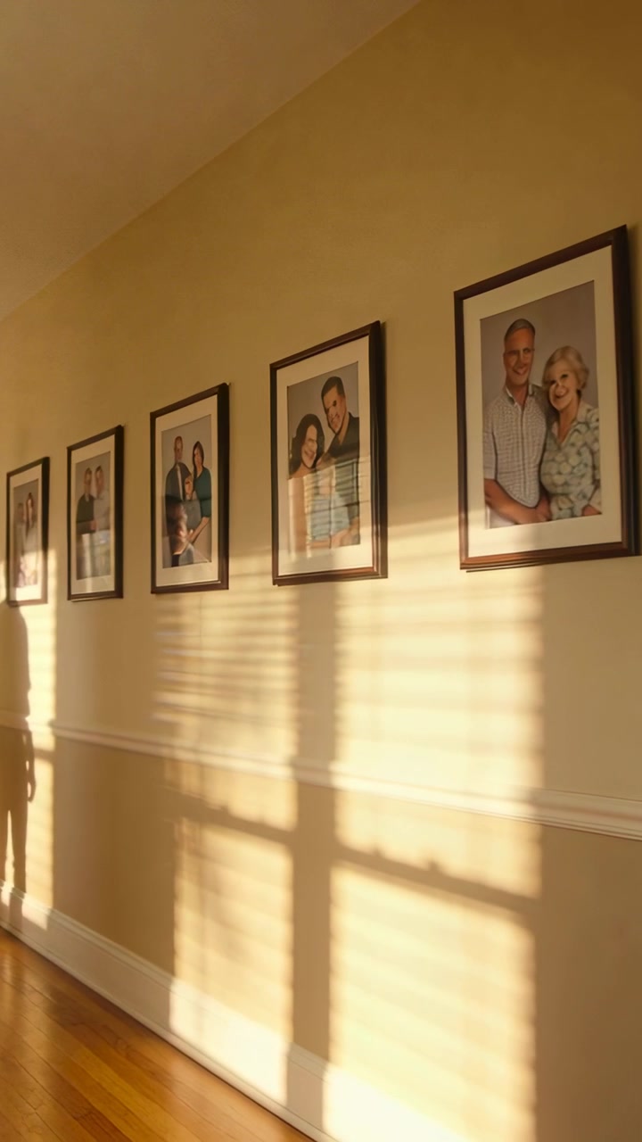 Video verticale: Telecamera che panoramica in un corridoio di casa mentre il sole si sposta, mostrando ritratti che lasciano un'ombra, con spazio per il testo