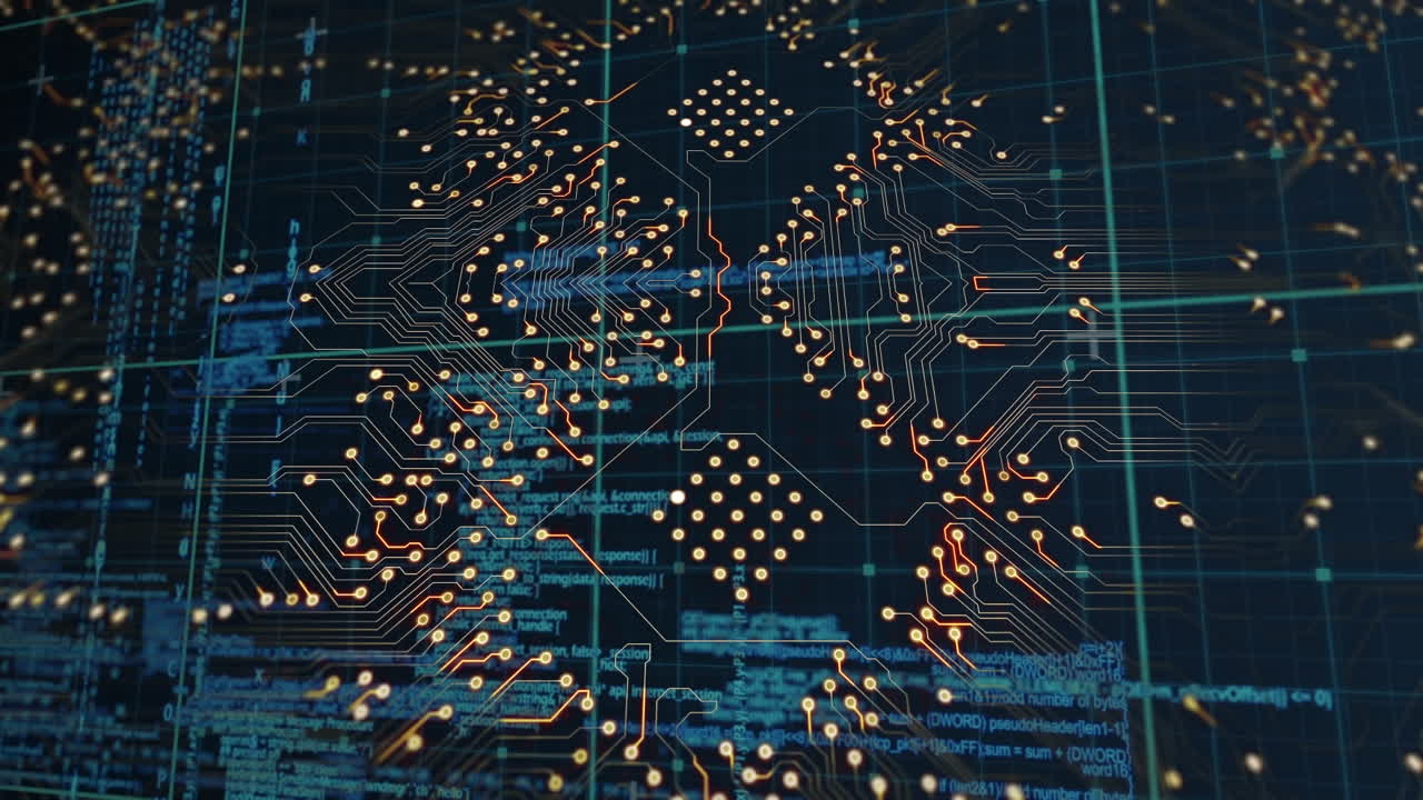 파란색 배경에 있는 마이크로프로세서 연결에 대한 그리드 네트워크를 통해 데이터 처리를