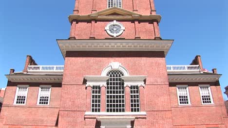 the camera pans up the historic independence hall in philadelphia