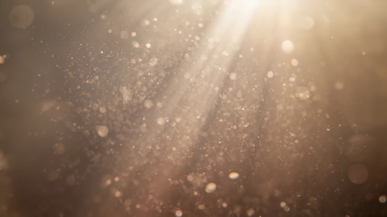 Shining sunlight entering top-right revealing suspended dust in room, creating warm bokeh circles