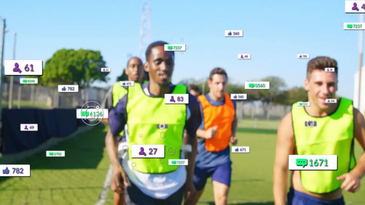 Running on field, athletes with animation of digital data and statistics overlay