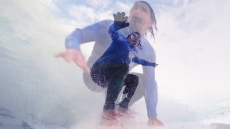 animation of caucasian man surfing over another surfer in background