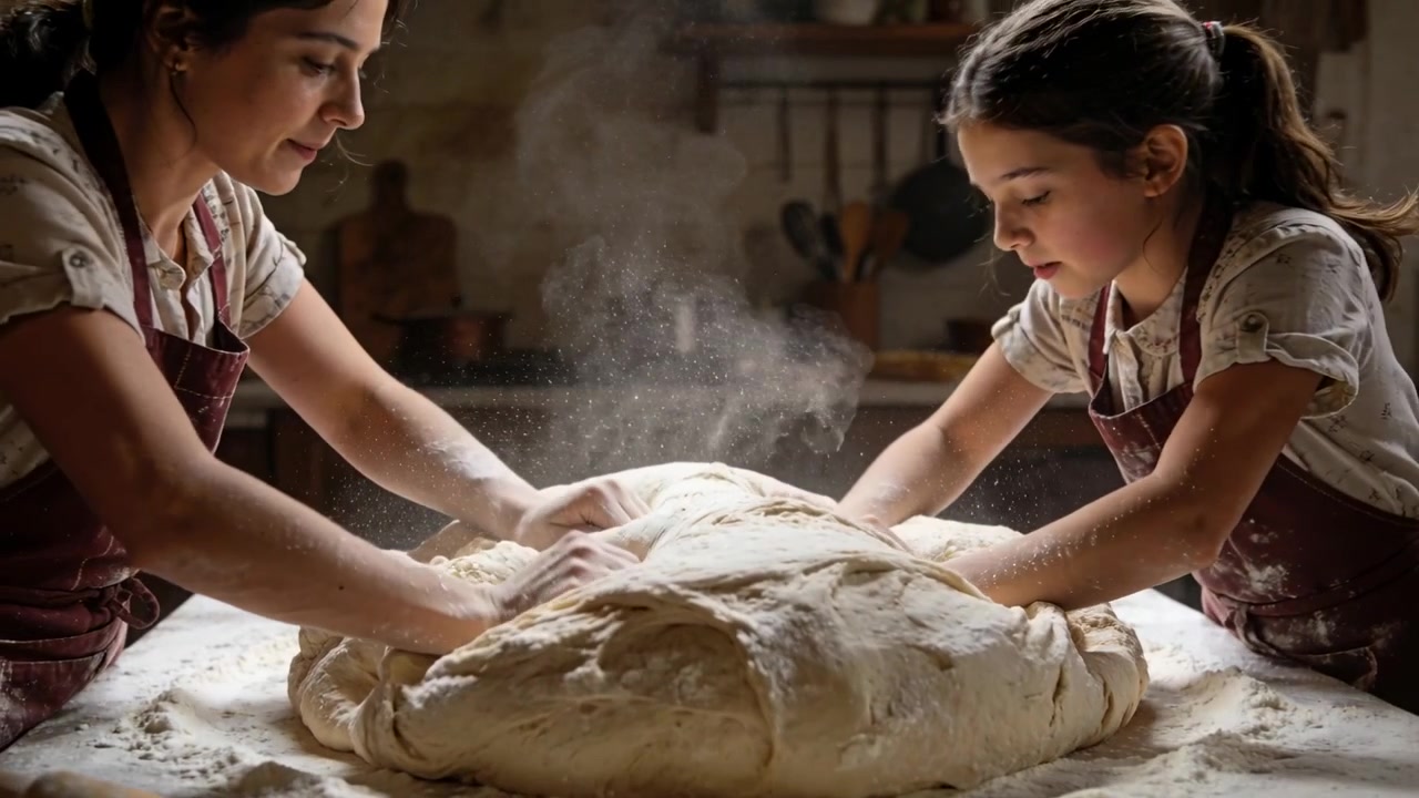Kneading mother-daughter placing hands on dough at rustic counter wearing aprons, preparing bread