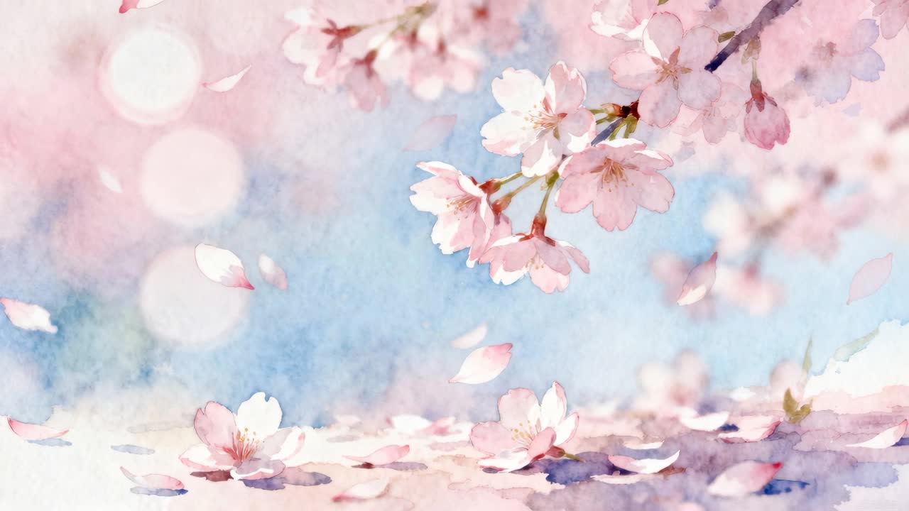Swaying cherry blossom branch shedding petals across paint wash with bokeh, breeze nudging blooms