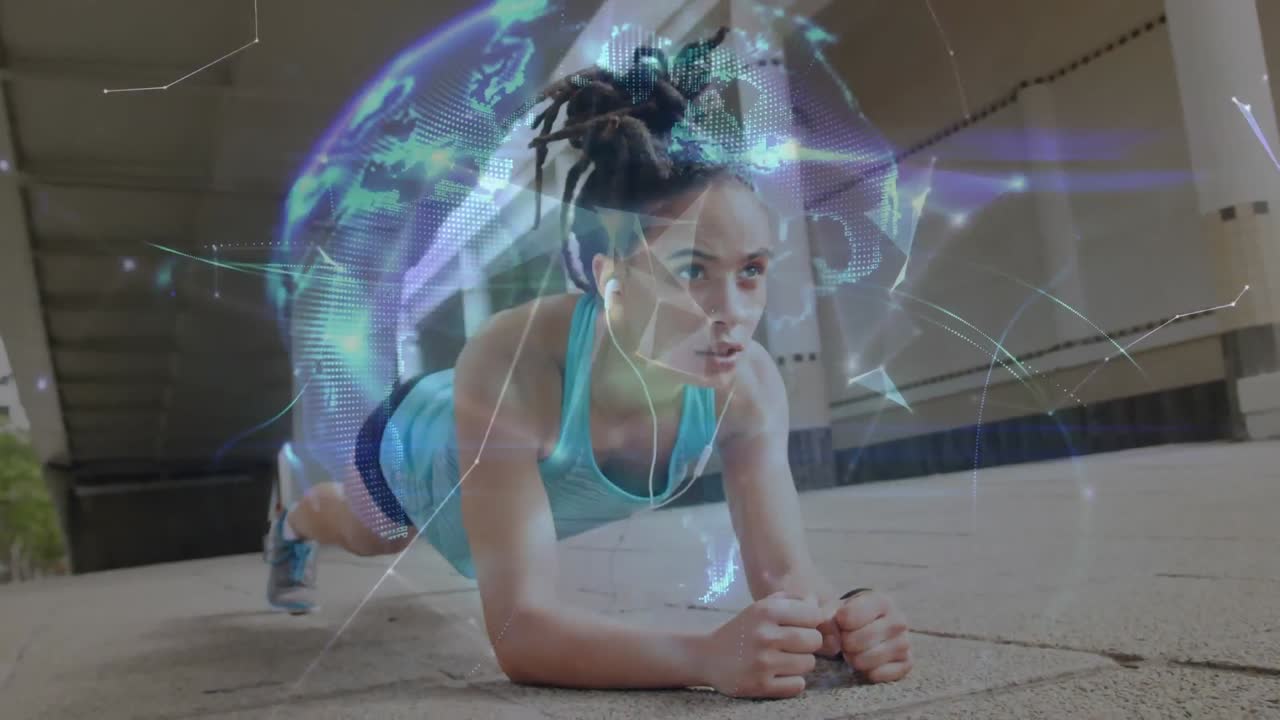 animación del globo con una red de conexiones sobre una mujer haciendo ejercicio de tabla al aire libre