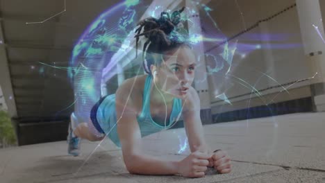 animation of globe with network of connections over woman doing plank exercising outdoors