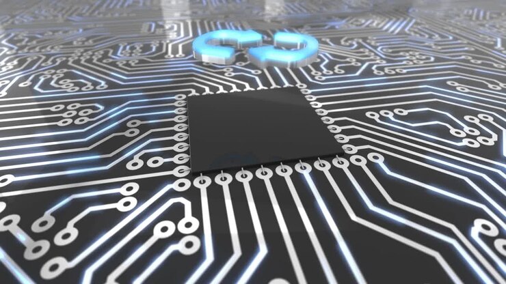 Dark blue rotating computer circuit board concept exchange arrows loop 4K