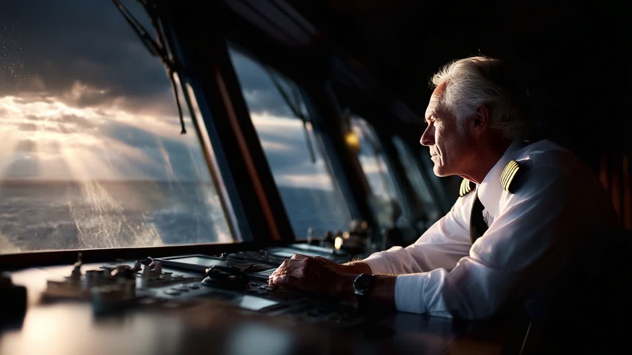 A contemplative maritime captain gazes thoughtfully out of the ship's bridge toward the horizon, reflecting on the day's journey and the challenges of navigating through changing sea conditions