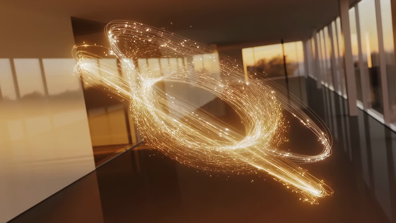 Abstract Golden Energy Vortex in a Modern Office Interior at Sunset