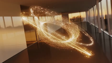 abstract golden energy vortex in a modern office interior at sunset