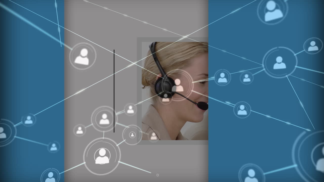 animación de conexiones con iconos sobre diversos empresarios en pantallas sobre el espacio azul