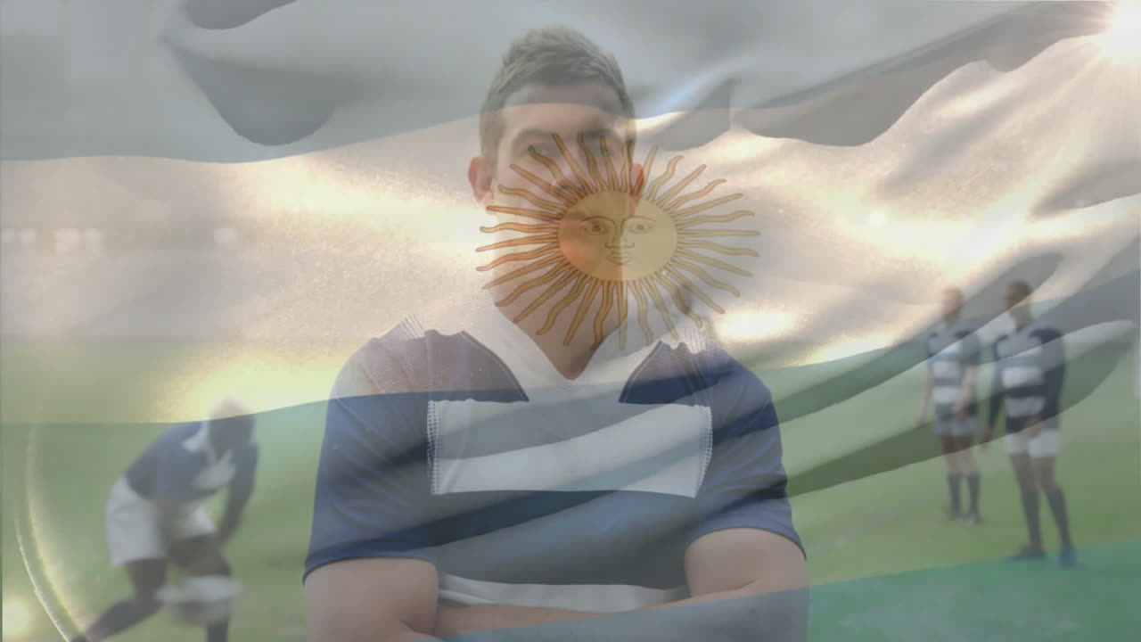 On field, rugby players running with Argentina flag animation in background