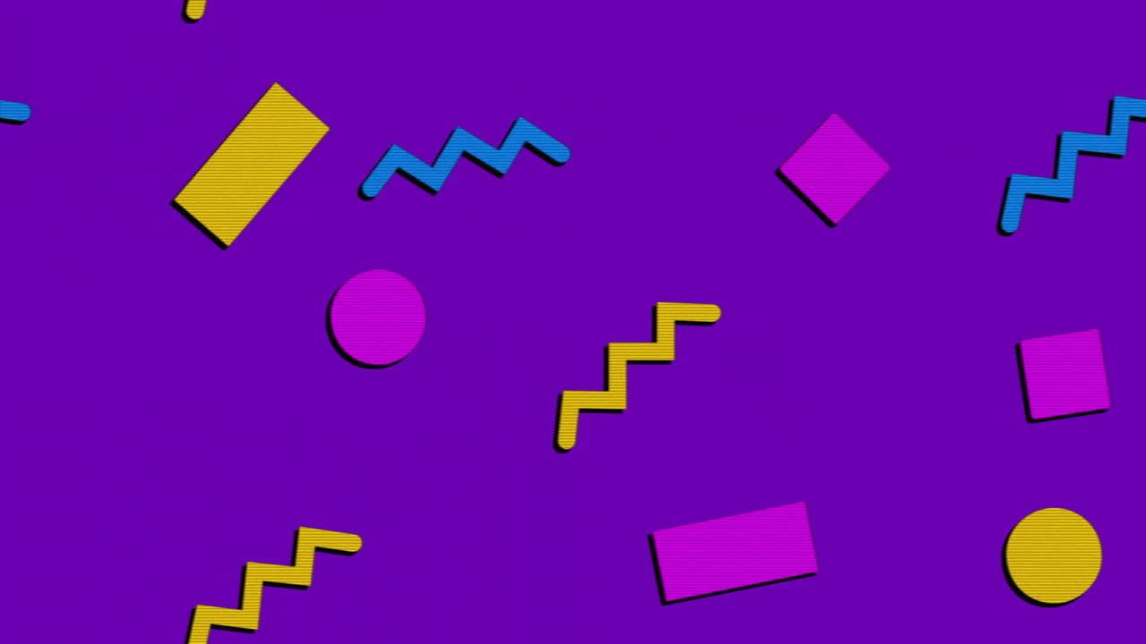 Animation of colourful shapes moving on yellow background