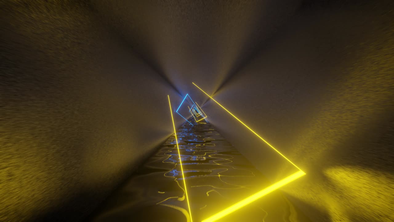 luces de neón amarillas y azules renderizadas en 3d dentro de un túnel metálico.