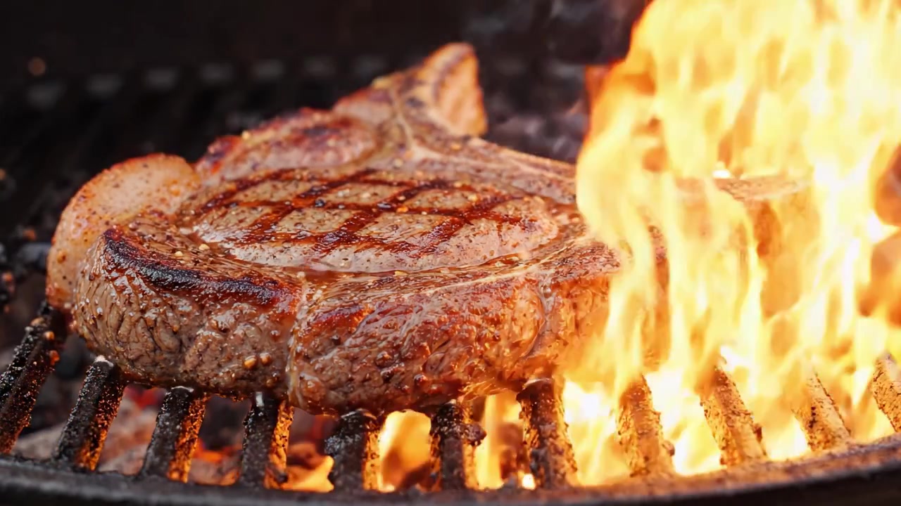A Grilled Juicy T-Bone Steak Cooking Over Open Flames, Highlighting the Perfect Searing and Flavor Development, Captured in Stunning Detail