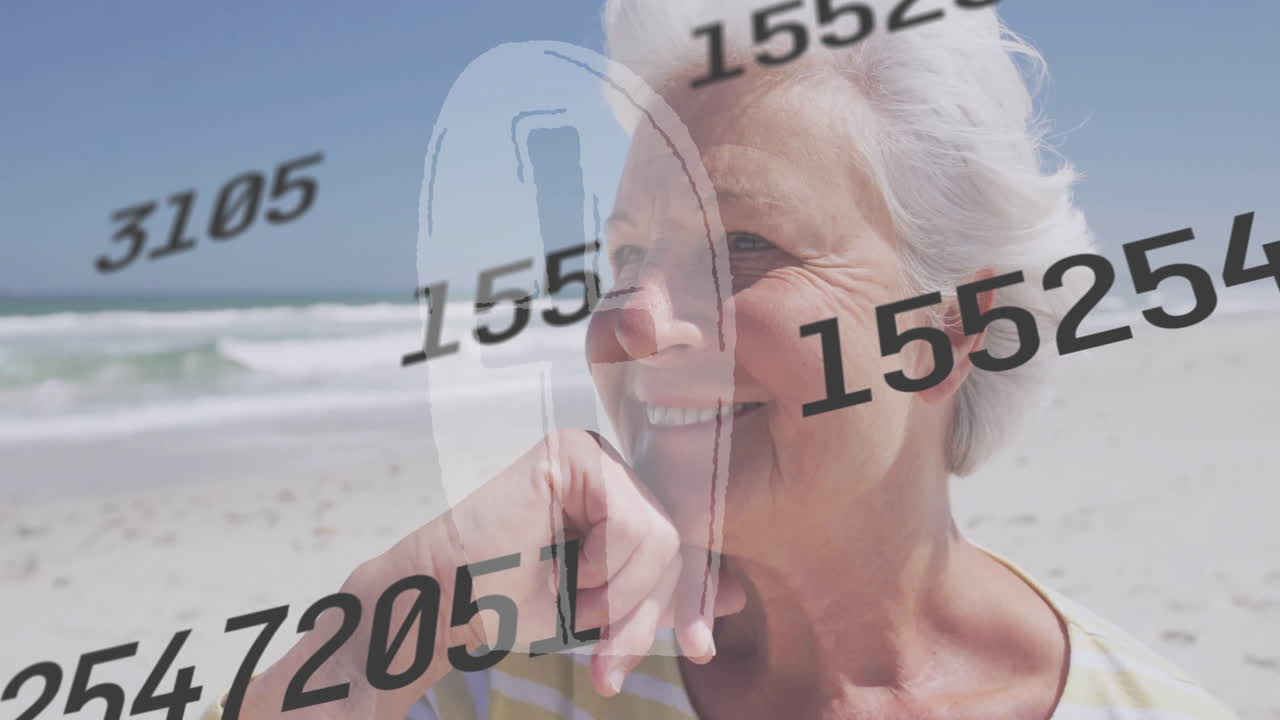 Elderly woman smiling at beach with numbers and lock animation overlay