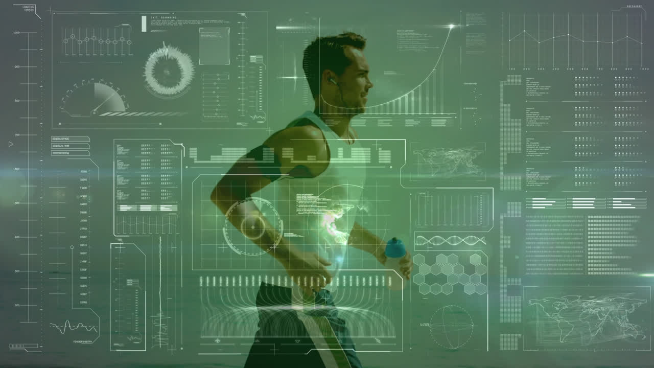 animación de escaneo de alcance y procesamiento de datos sobre hombre en condiciones de correr por la orilla del mar
