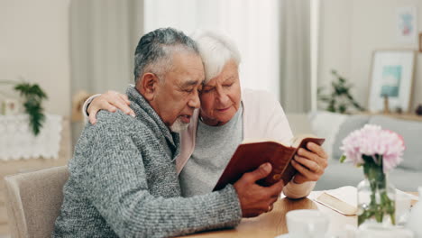 Bible,-love-and-senior-couple-reading-book