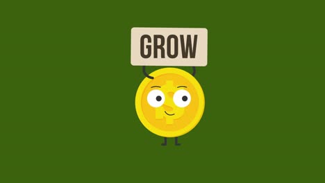 dollar coin holds sign with word grow.