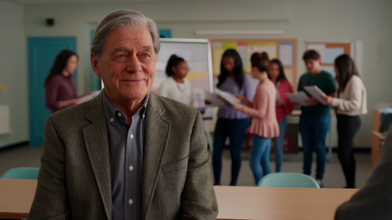 An older man, possibly a teacher or professor, smiles in a classroom with students in the background