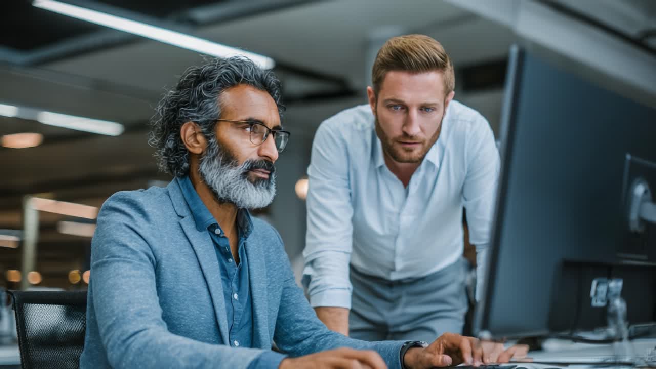 Collaboration in the Office: Two Professionals Engaged in a Productive Discussion Over Computer, Analyzing Data and Strategies Together for Effective Outcomes